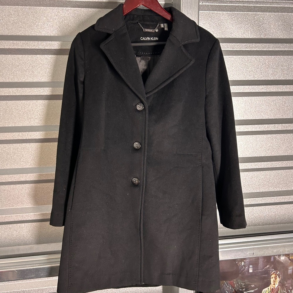 Calvin Klein Pea Coat Womens PM Black Wool Blend Professional Minimalist Classic